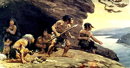 Artist rendering of Neanderthals on an ancient landscape