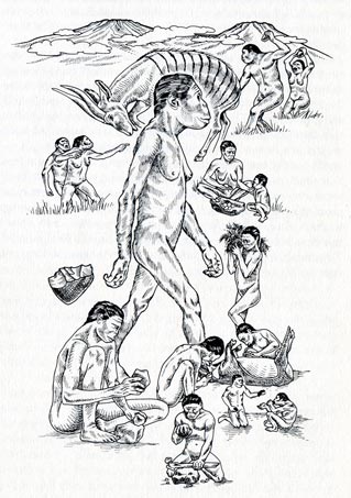 Illustrated prehistoric landscape at Olduvai Gorge
